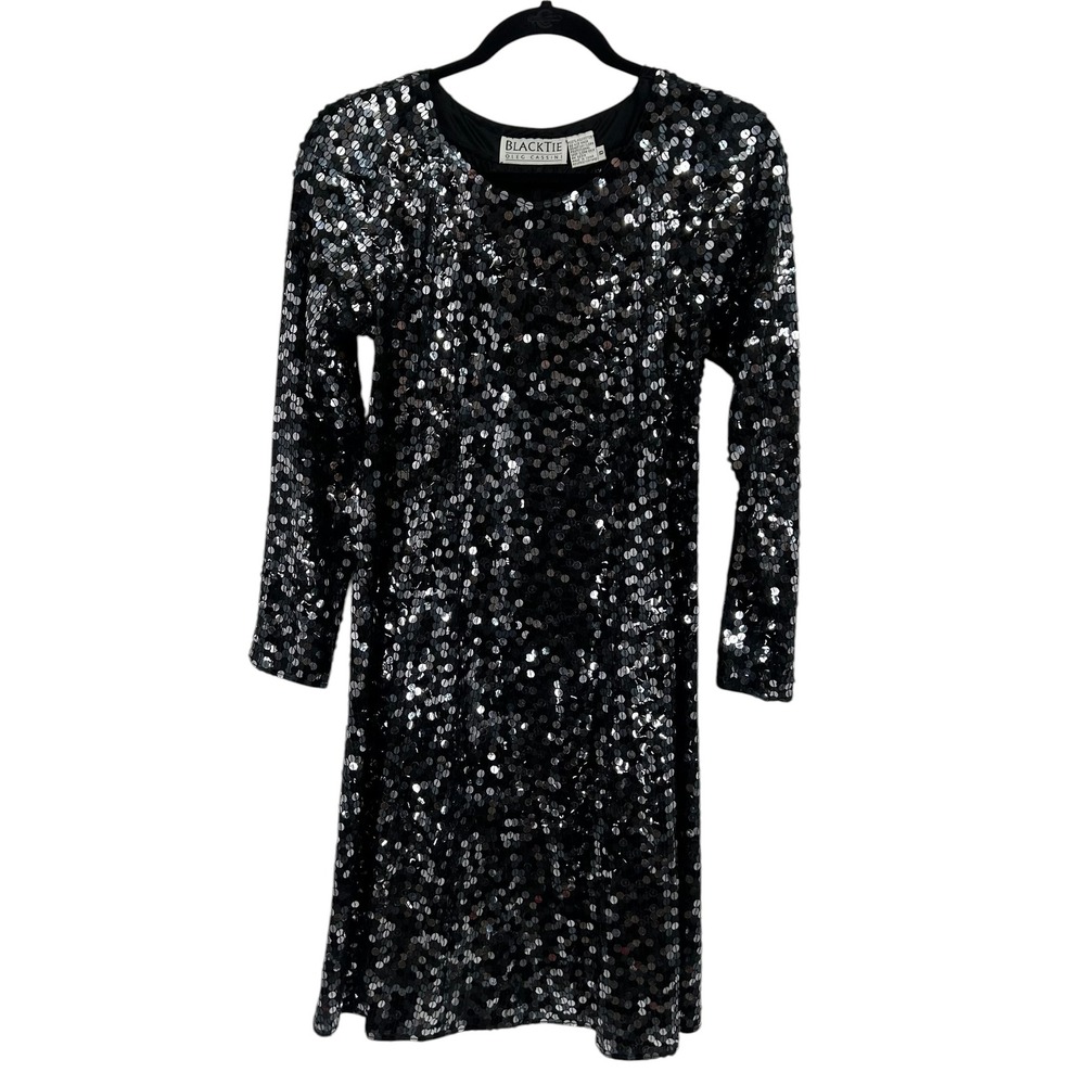 Black Tie Oleg Cassini Sequin‎ Long Sleeve Mini Dress Black Silver Size 8